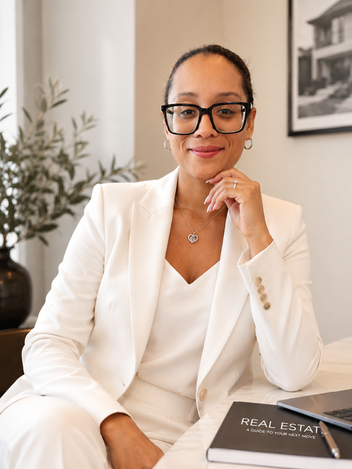 Tianna Poeck seated at a white table in a cream suit, resting her chin on her hand